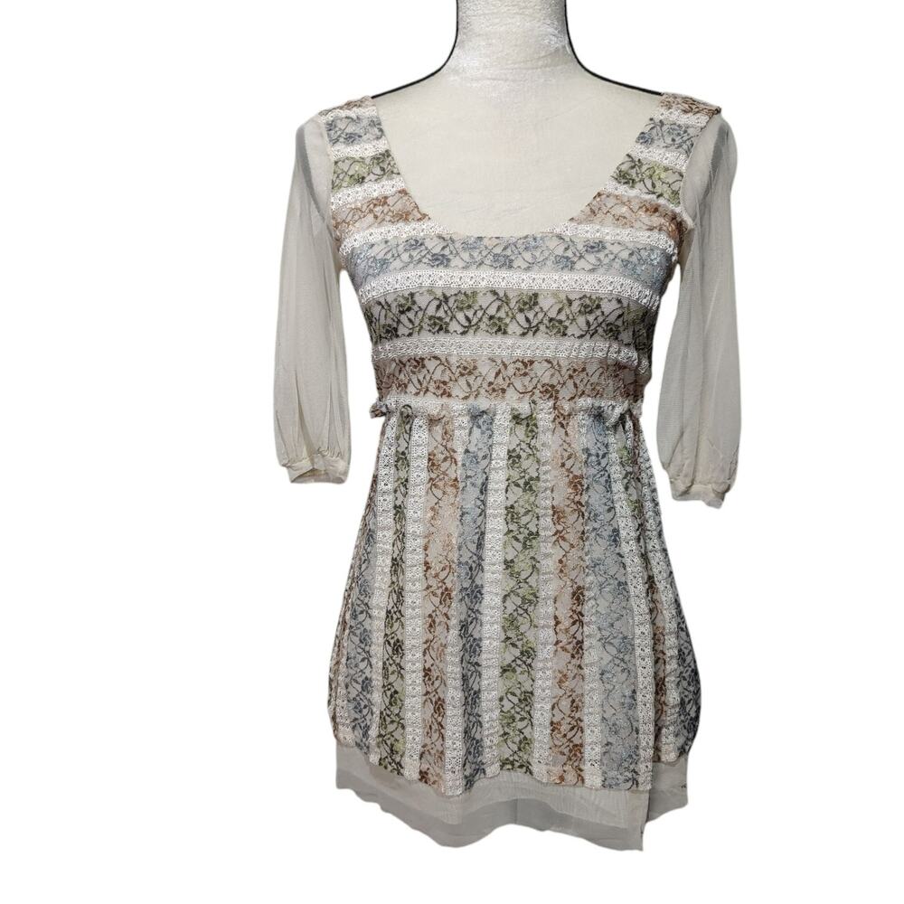 Only Hearts Sz M Y2K Sheer Lace Babydoll Embroidered Top Peasant Cottage Prairie
